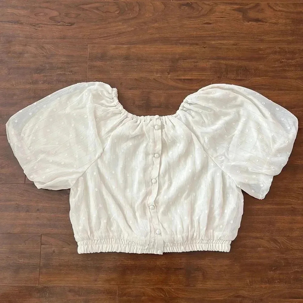 White Puff-Sleeve Button-Front Crop Blouse